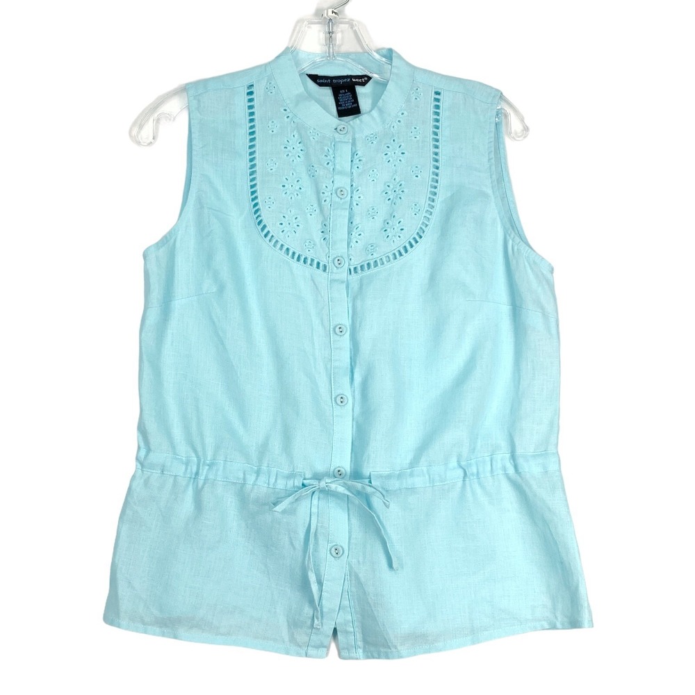 Saint Tropez‎ West Linen Top Sz Small Eyelet Lace Blue Old Money Cottagecore